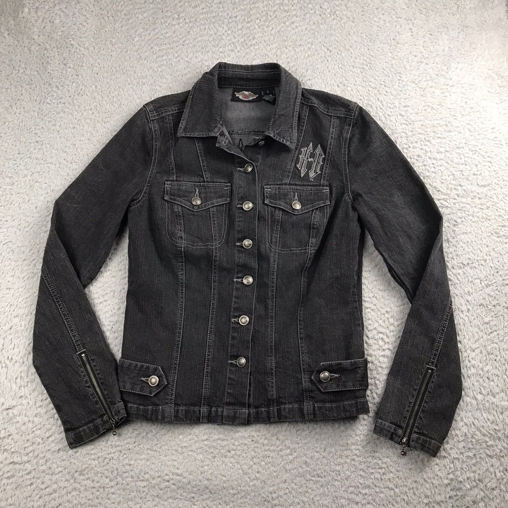Harley Davidson Denim Jacket Women S Black Silver Embroidered Winged Biker Moto